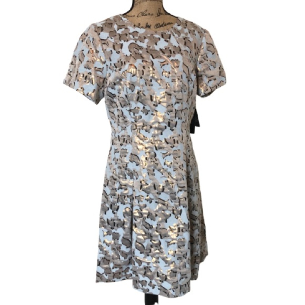 Vince Camuto Jacquard Fit Flare Blue Gold Dress